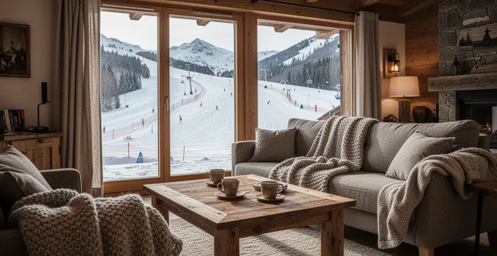 Salon chaleureux d'appartement de montagne avec vue sur pistes de ski par baie vitrée