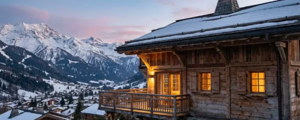 Chalet traditionnel bois dans le Massif des Aravis avec vue sur les sommets enneigés