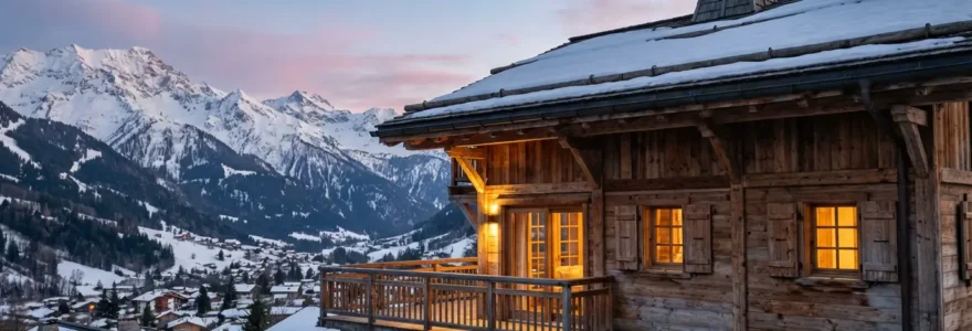 Chalet traditionnel bois dans le Massif des Aravis avec vue sur les sommets enneigés