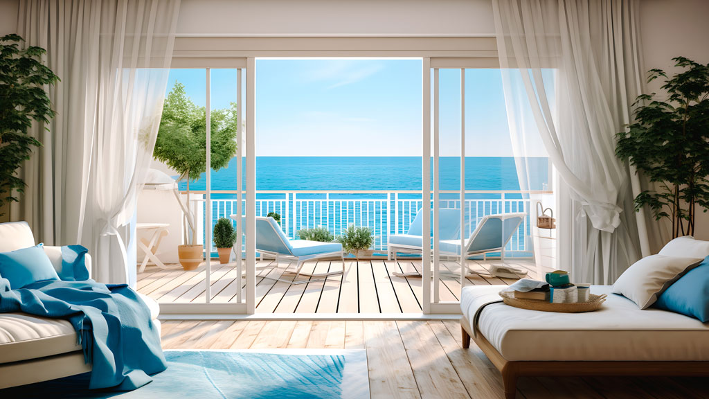 Couple européen visitant un appartement lumineux avec vue sur la Méditerranée à Rosas