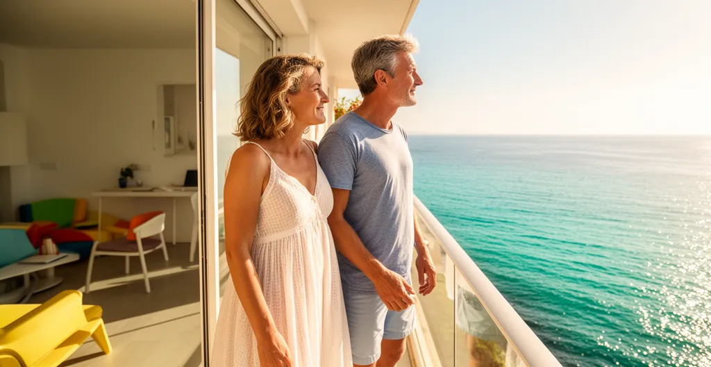 Couple européen visitant un appartement lumineux avec vue sur la Méditerranée à Rosas