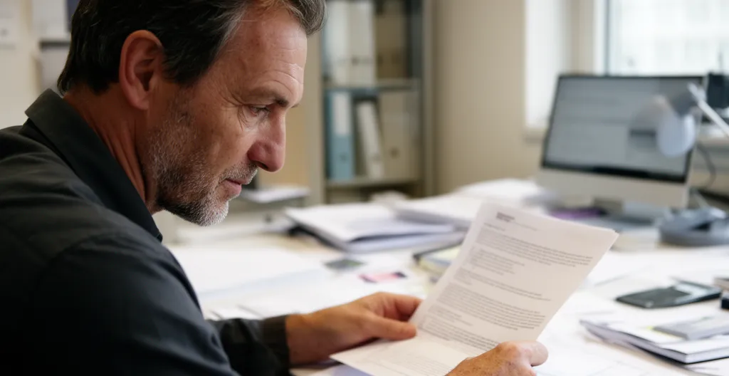 Professionnel immobilier consultant un dossier de transaction à Saint-Florent