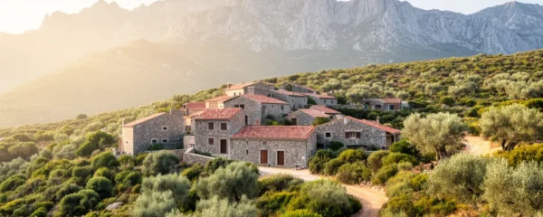 Village perché de Haute-Corse avec maisons en pierre et montagne du Nebbio