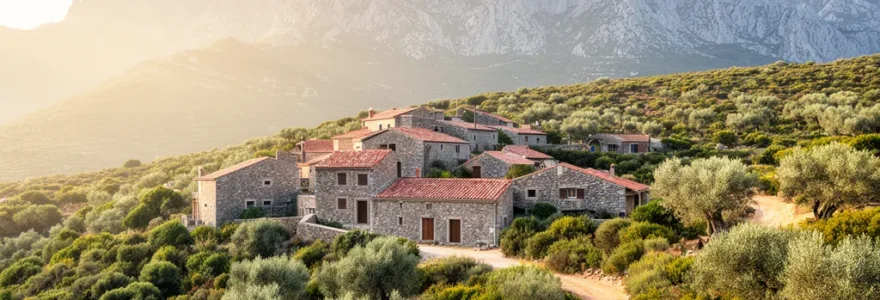 Village perché de Haute-Corse avec maisons en pierre et montagne du Nebbio