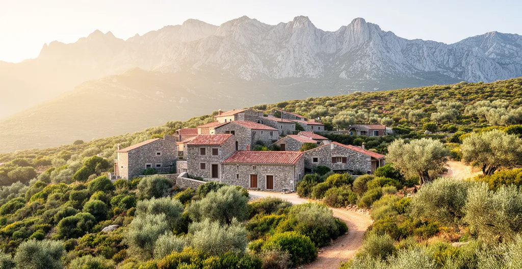 Village perché de Haute-Corse avec maisons en pierre et montagne du Nebbio