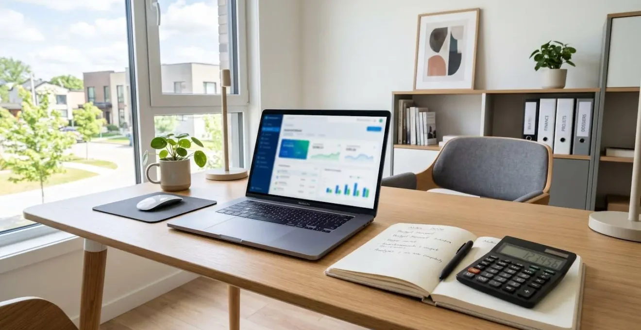 Un bureau moderne épuré avec un ordinateur portable ouvert sur une interface de simulation financière complètement floutée, accompagné d'un carnet de notes et d'une calculatrice dans un espace de travail organisé