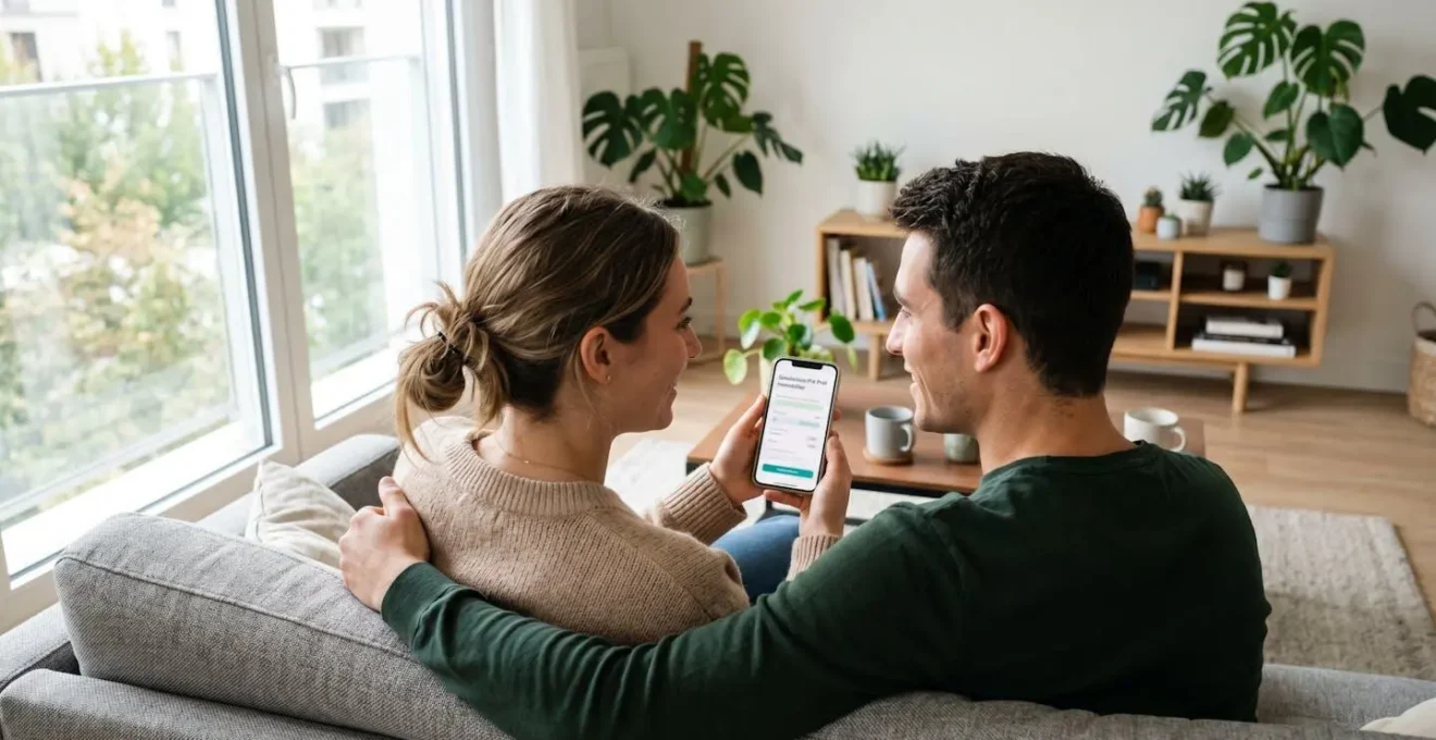 Un couple de trentenaires assis côte à côte sur un canapé contemporain consulte ensemble un smartphone, vus de dos dans leur salon lumineux