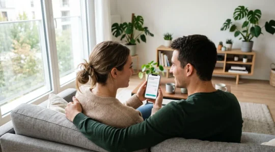 Un couple de trentenaires assis côte à côte sur un canapé contemporain consulte ensemble un smartphone, vus de dos dans leur salon lumineux