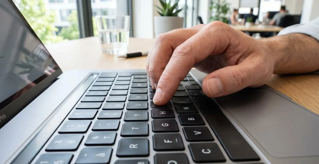 Gros plan macro d'une main tapant des chiffres sur un clavier d'ordinateur portable moderne avec un arrière-plan flouté suggérant vaguement une interface financière