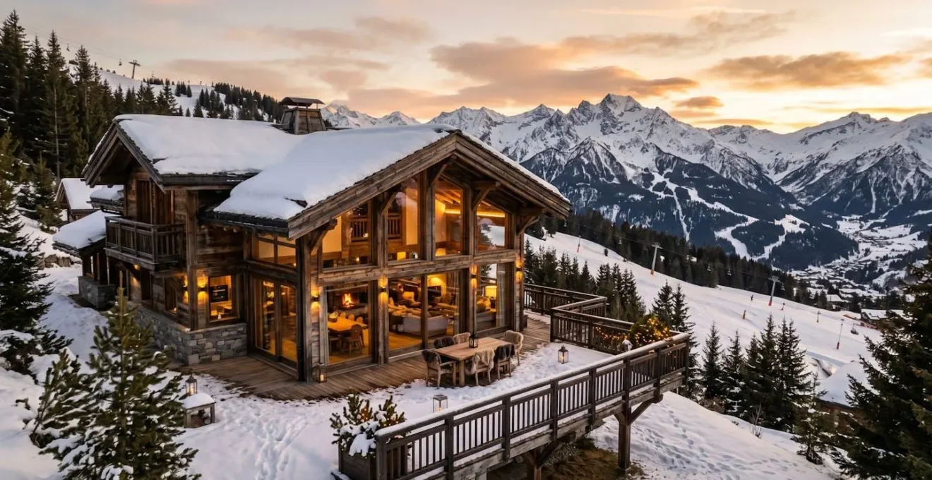 Chalet de luxe avec terrasse ouverte sur les sommets enneigés de Courchevel au coucher du soleil