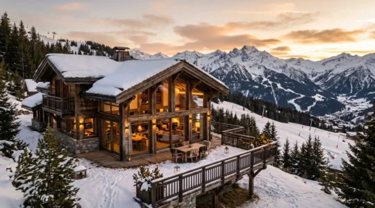 Chalet de luxe avec terrasse ouverte sur les sommets enneigés de Courchevel au coucher du soleil